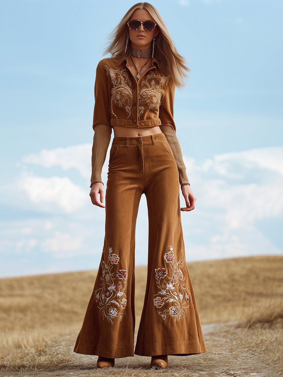 Vintage Floral Embroidered Suede Flared Pants