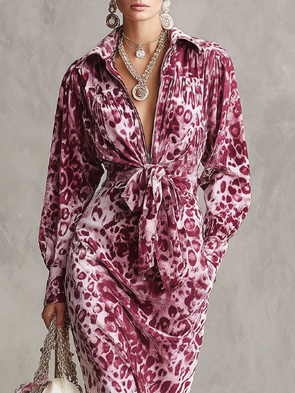 Robe Midi en Velours Imprimé Léopard avec Fermeture Éclair Mi-Longue
