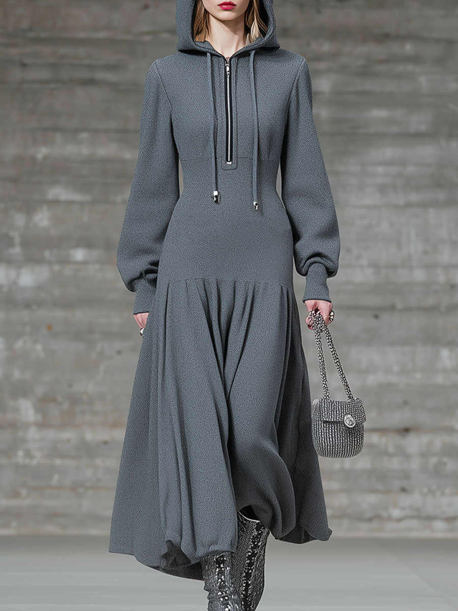 Robe Midi Grise à Capuche avec Détail Épingle de Sûreté - Style Décontracté
