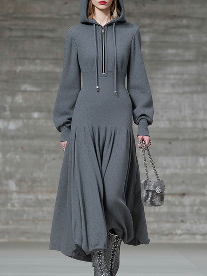 Robe Midi Grise à Capuche avec Détail Épingle de Sûreté - Style Décontracté