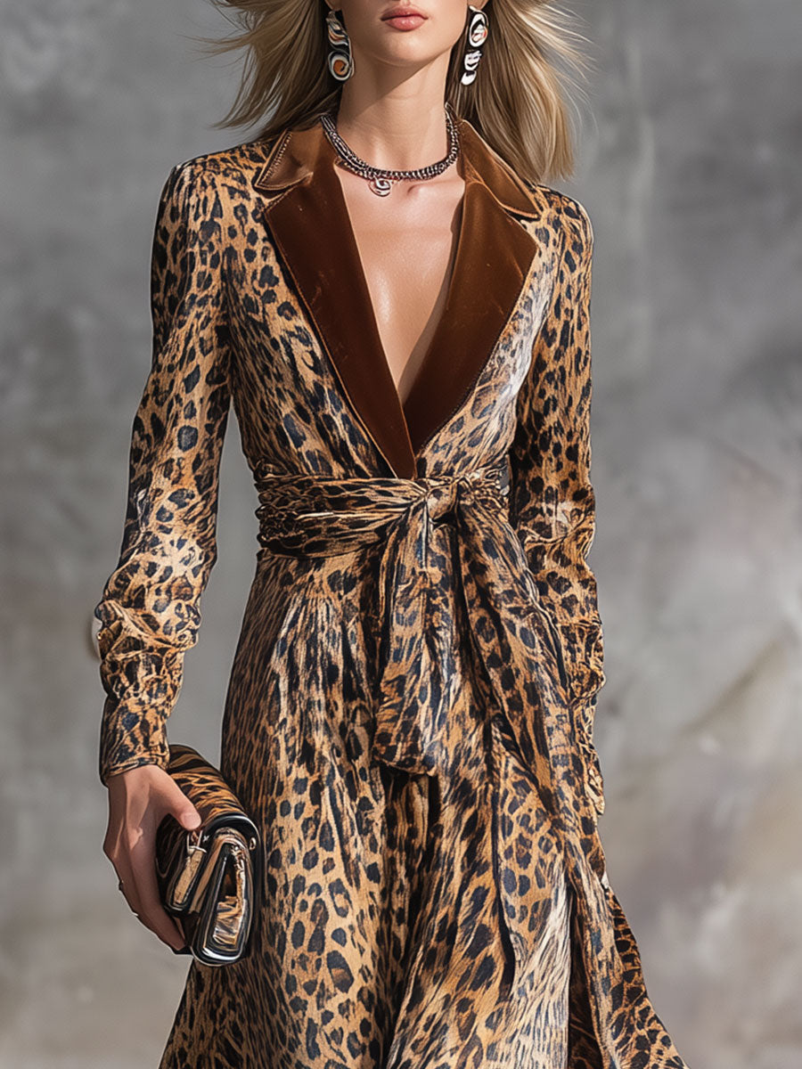 Robe Midi Rétro en Velours à Imprimé Léopard avec Col Élégant