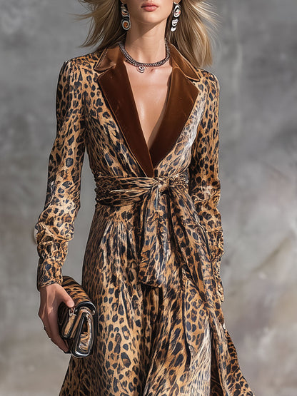 Robe Midi Rétro en Velours à Imprimé Léopard avec Col Élégant