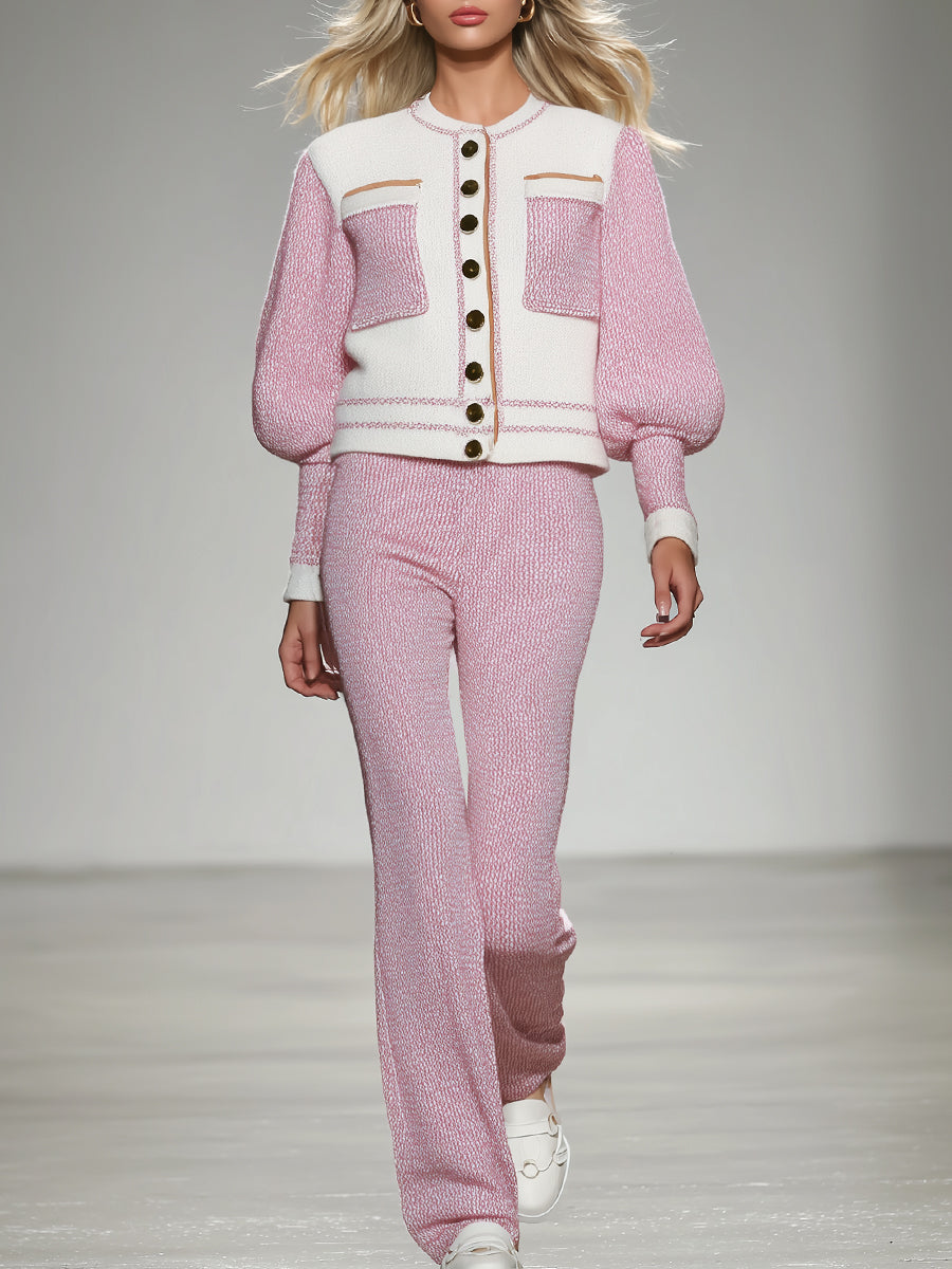 Ensemble Élégant en Tricot : Veste et Pantalon Contrastés Blanc et Rose