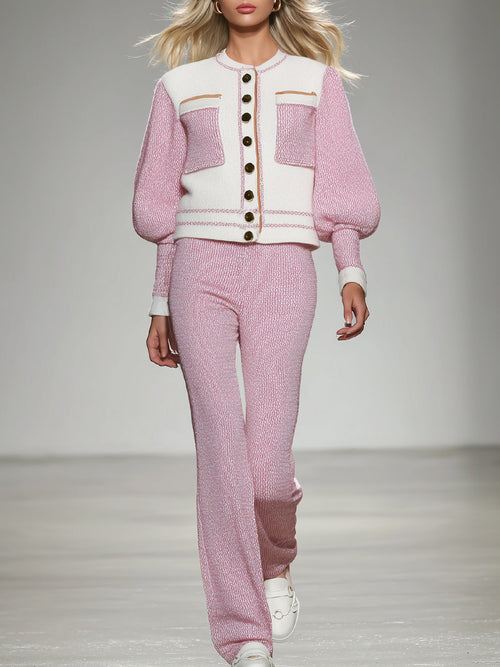 Ensemble Élégant en Tricot : Veste et Pantalon Contrastés Blanc et Rose
