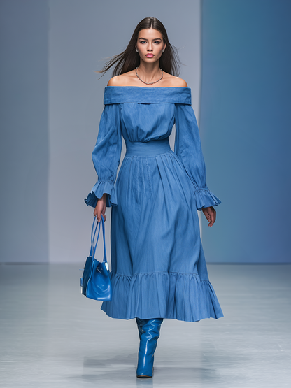 Robe Maxi Rétro en Denim à Manches Longues Dénudées