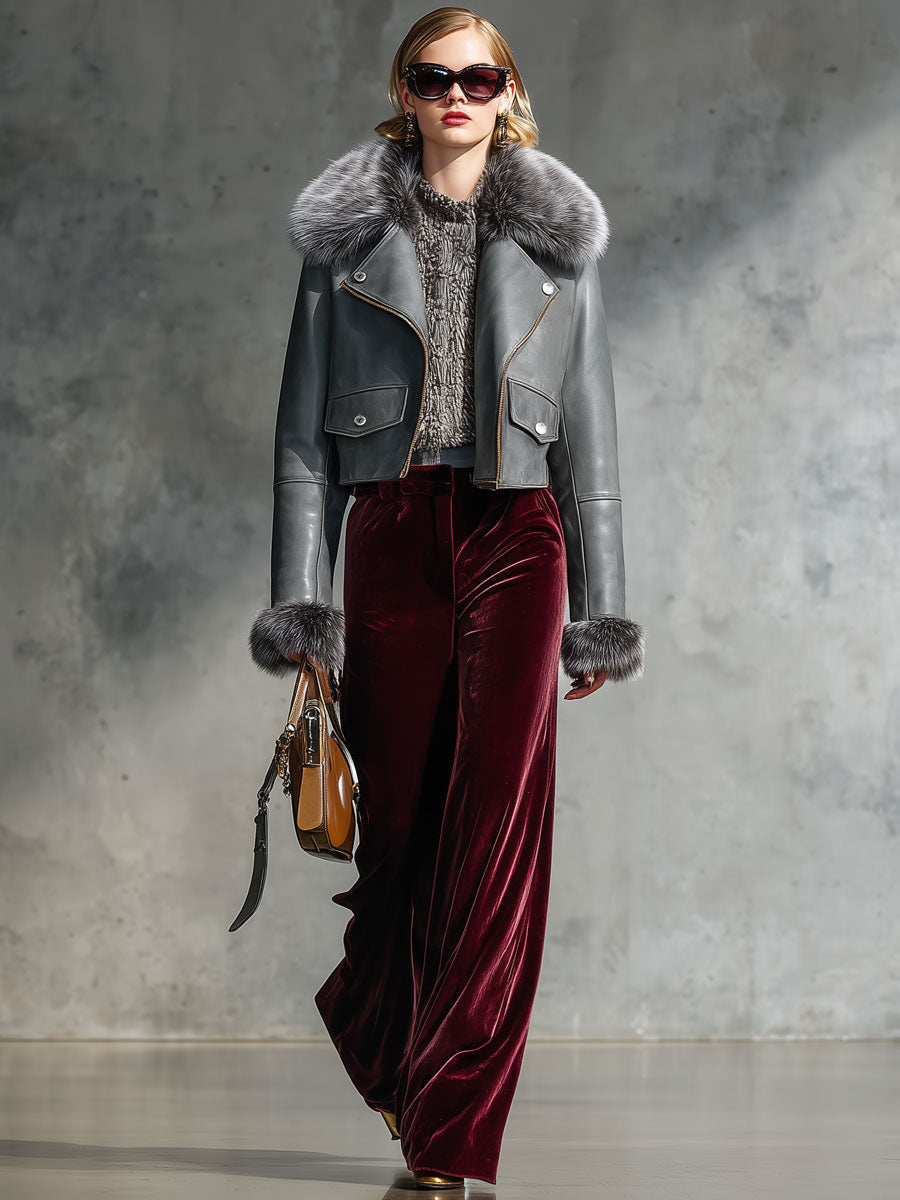 Veste Grise en Simili Cuir avec Col en Fourrure Zippé - Style Vintage Décontracté