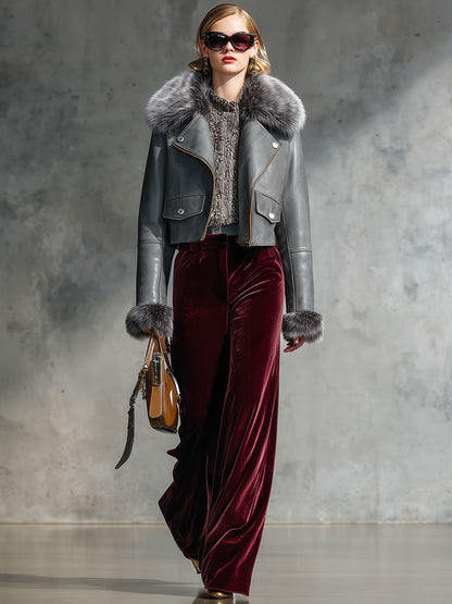 Veste Vintage Décontractée en Cuir Synthétique Gris avec Col en Fourrure Zippé