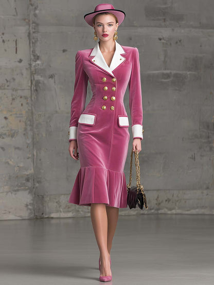 Robe Midi en Velours Rose à Col Notch, Élégante avec Ourlet en Feuille de Lotus et Détails Rétro