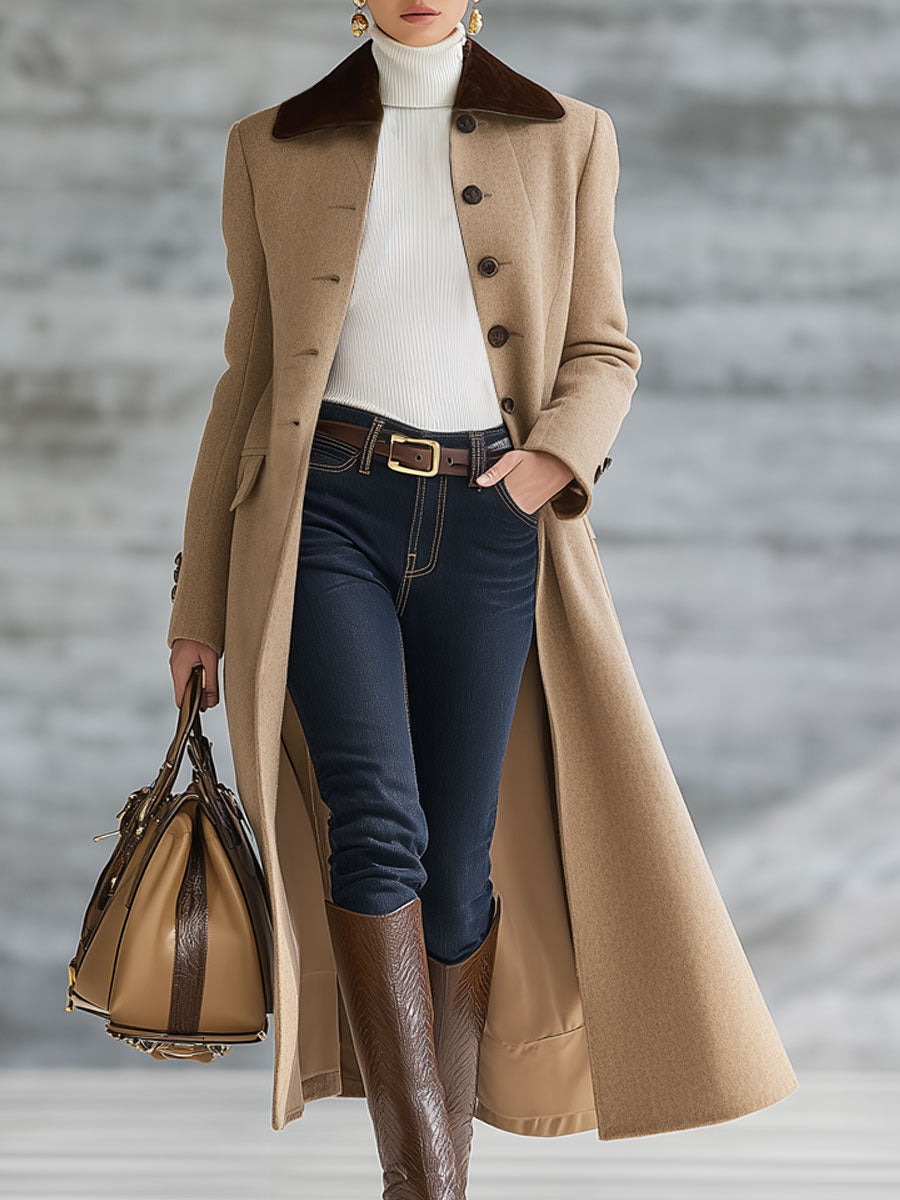 Veste Longue en Suédine Kaki Foncé - Élégance Décontractée au Style Rétro