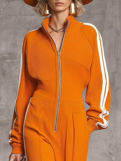 Combinaison Vintage Orange à Col V et Fermeture Éclair