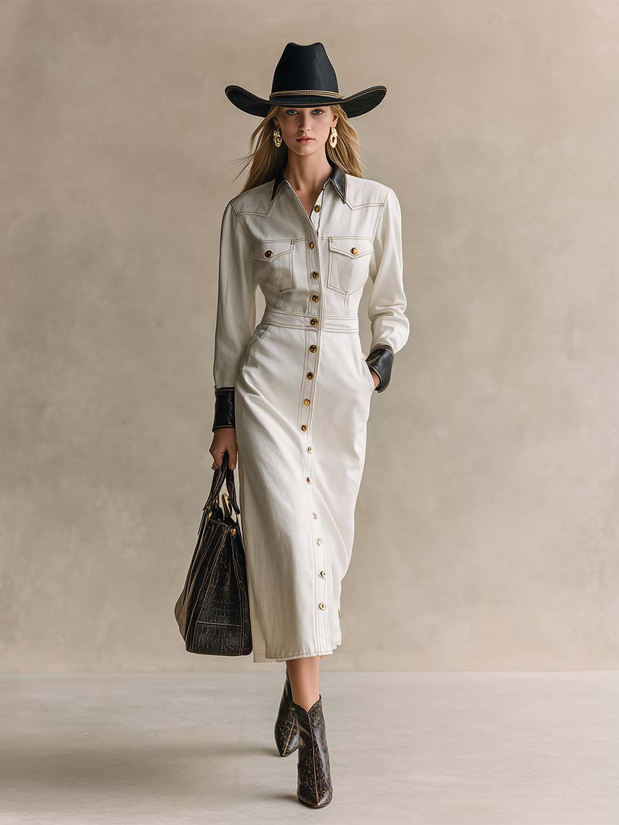 Robe Maxi en Denim Blanc Chic avec Détails en Cuir