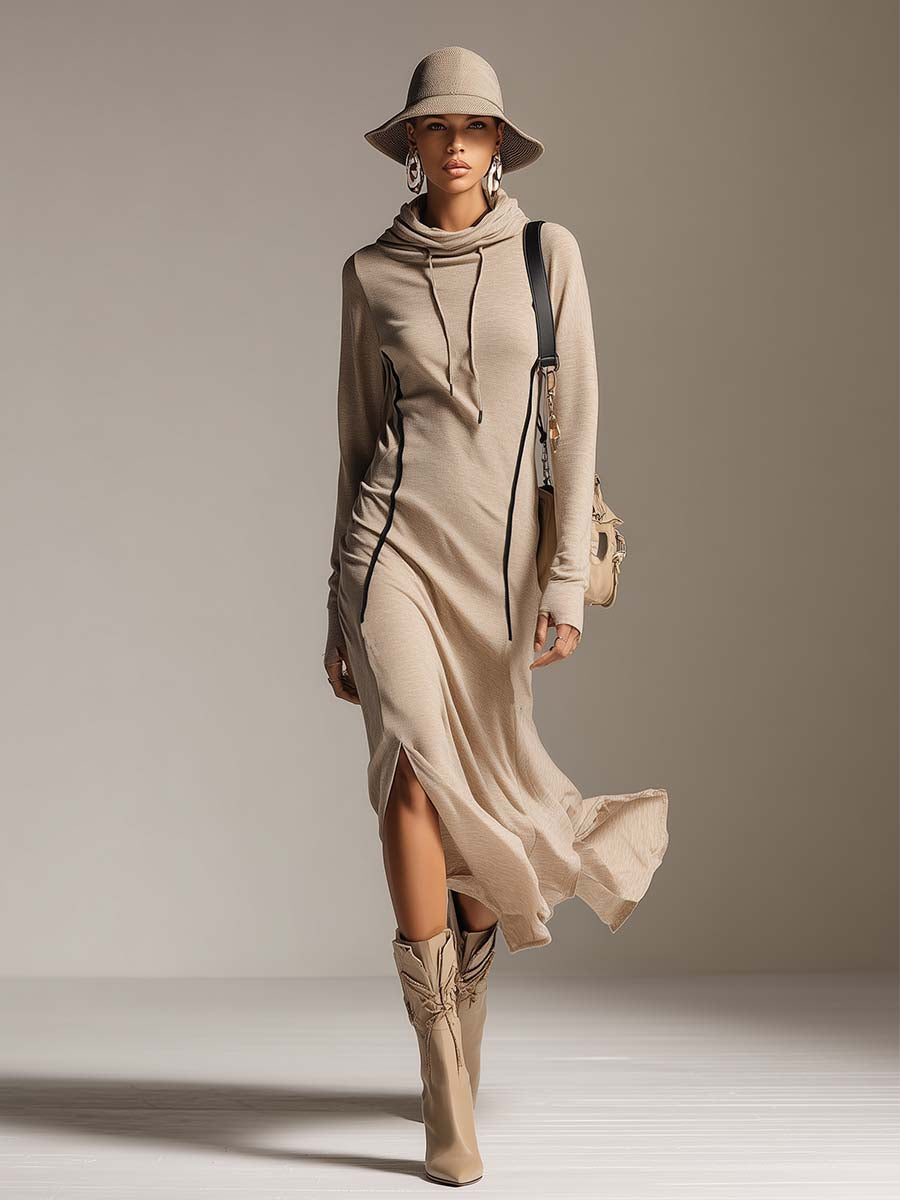 Robe Midi Sportive en Coton Stretch Abricot avec Capuche Décontractée