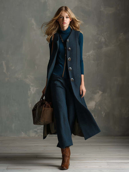 Élégant Gilet Long en Herringbone Bleu Texturé - Style Vintage