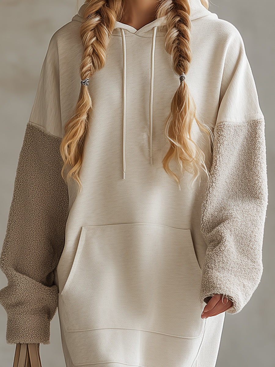Chic et Confort : Robe Midi Sweat à Capuche en Polaire Beige Oversize