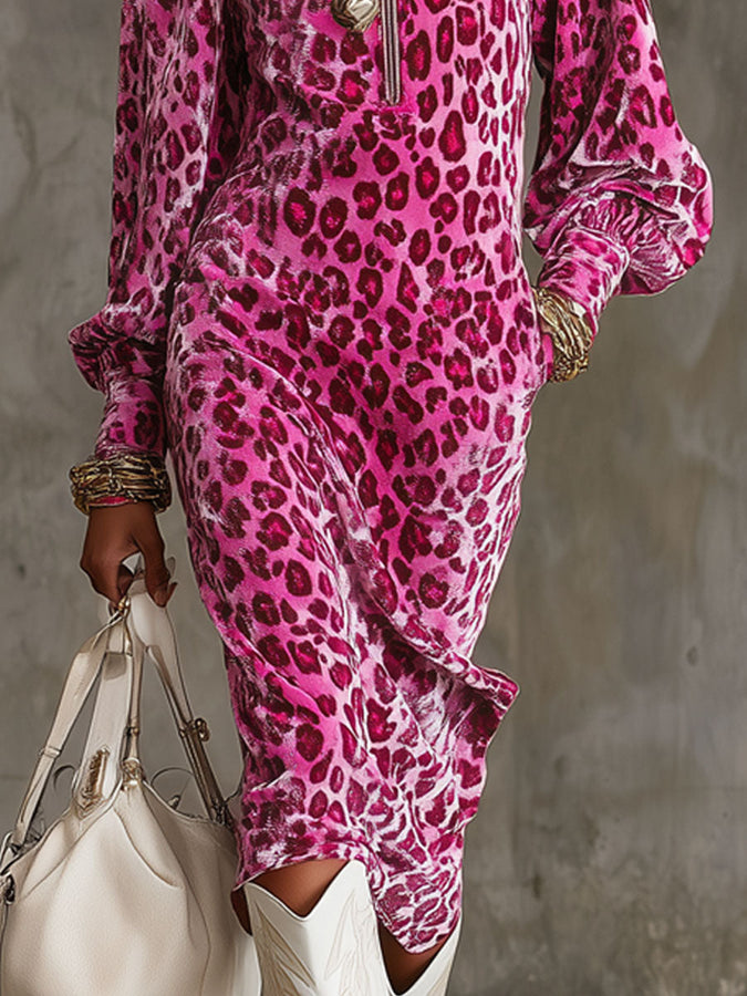 Robe Midi en Velours Léopard avec Col Montant et Manches Bouffantes - Élégance Chic et Confort