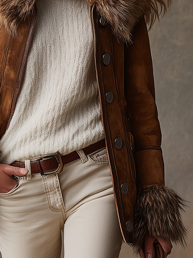 Veste Suédine Marron avec Détails en Laine au Style Western Vintage