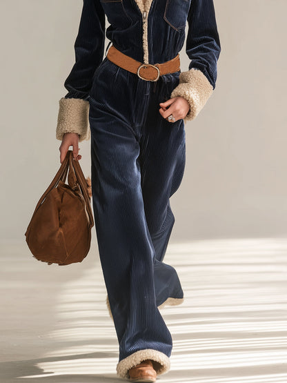 Combinaison Zippée en Velours Côtelé Bleu Marine avec Finitions en Laine d'Agneau Vintage