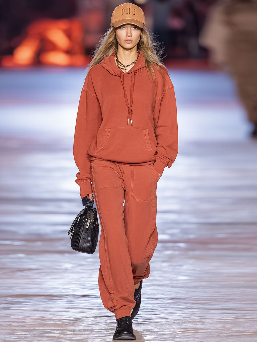 Ensemble Sportif Décontracté : Sweat à Capuche Orange Rétro à Manches Longues