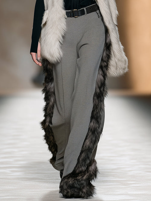 Stylish Grey Plaid Trousers with Luxe Faux Fur Trim