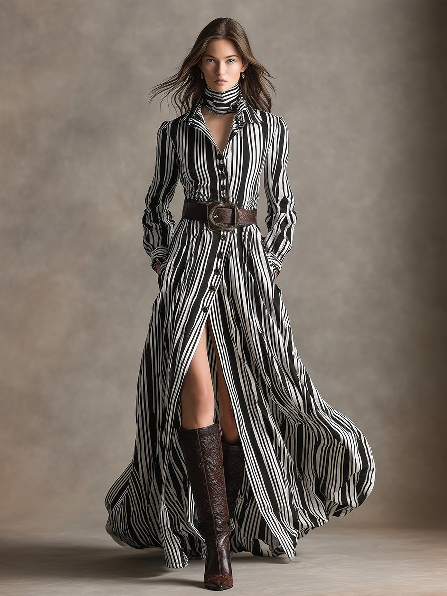 Robe Maxi Rayée Noir et Blanc avec Col Revers et Ceinture Éclair