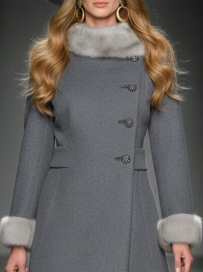 Élégant Manteau en Laine Grise avec Col en Fourrure Synthétique