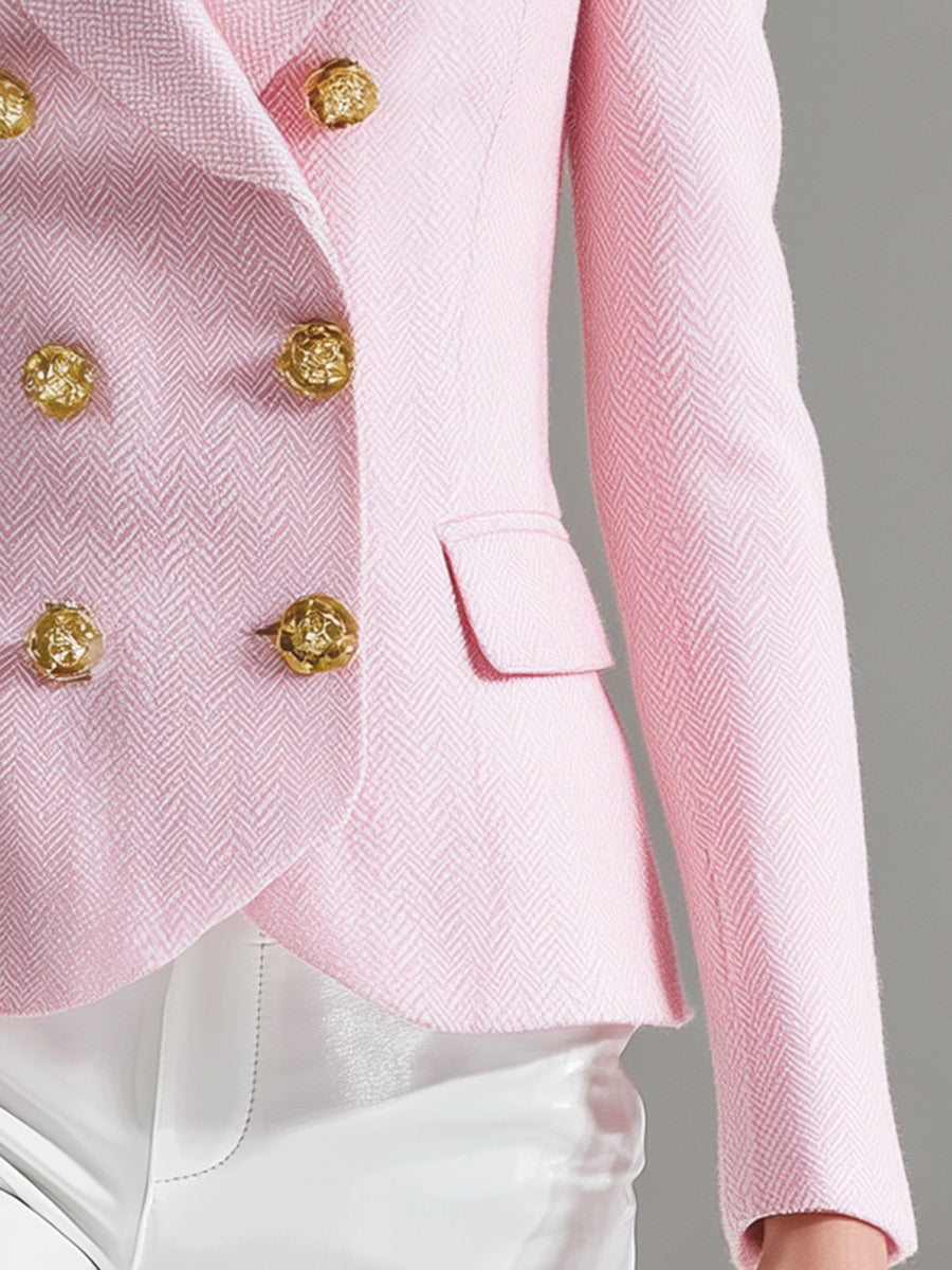 Blazer Rose en Laine à Double Boutonnage avec Manches Bouffantes