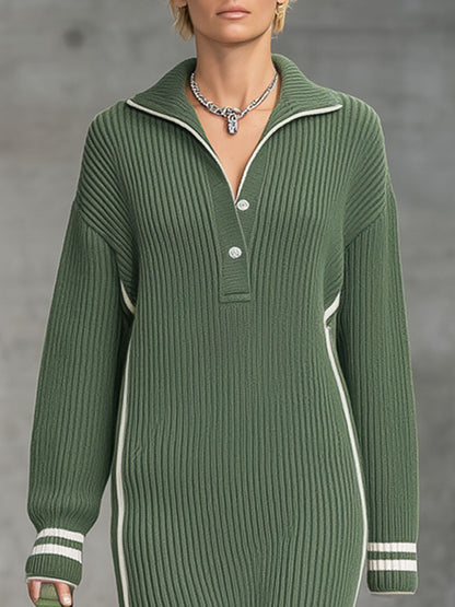 Robe Midi Tricotée Verte avec Fente et Détails Blancs : Élégance Décontractée