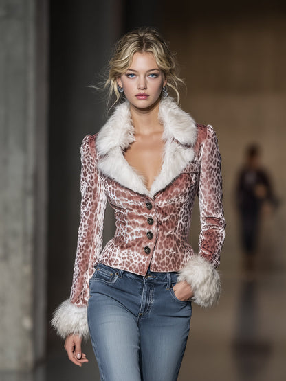 Veste courte en velours léopard rose tendance, avec doublure en fourrure et finitions brutes