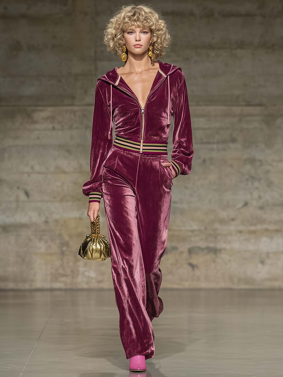 Ensemble Vintage en Velours Rouge Bourgogne : Sweat à Capuche avec Fermeture Éclair et Pantalon Chic