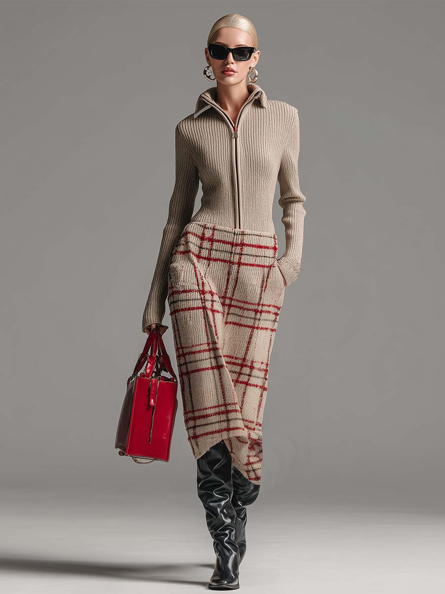 Robe Midi Vintage Abricot à Carreaux Élégante avec Zip