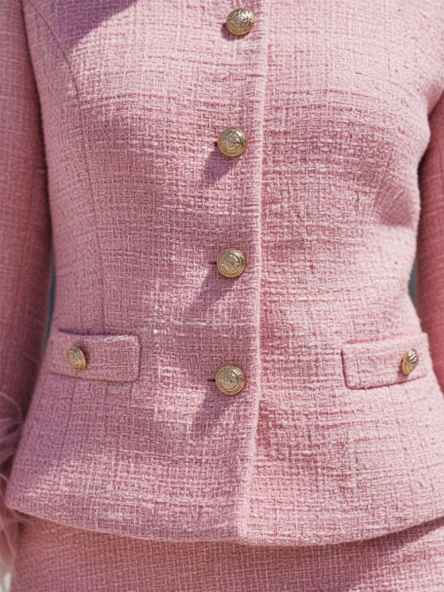 Chic Ensemble en Tweed : Veste à Col Rond et Jupe à Boutons