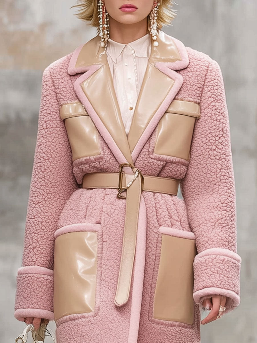 Veste mi-longue en polaire rose vintage avec col en simili cuir