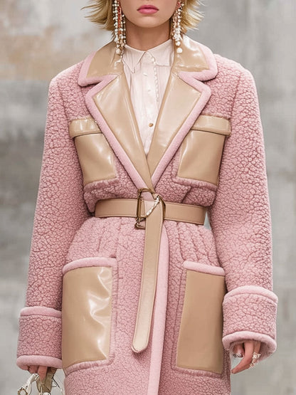 Veste mi-longue en polaire rose vintage avec col en simili cuir