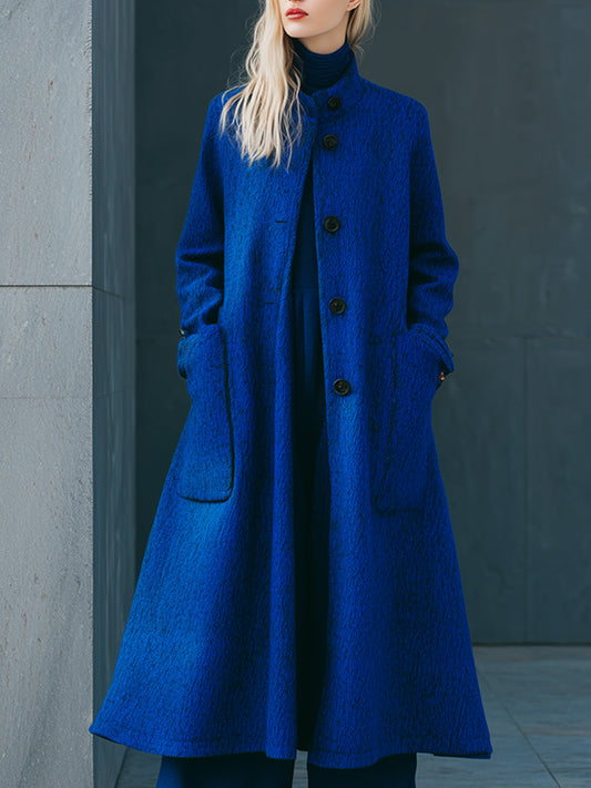 Chic Manteau Mi-Long A-Line Bleu Royal avec Col Montant