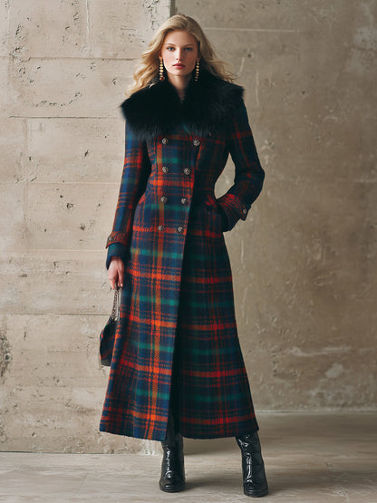 Veste Longue en Laine à Motifs Carreaux avec Col en Fourrure Synthétique : Élégance Rétro et Tendance