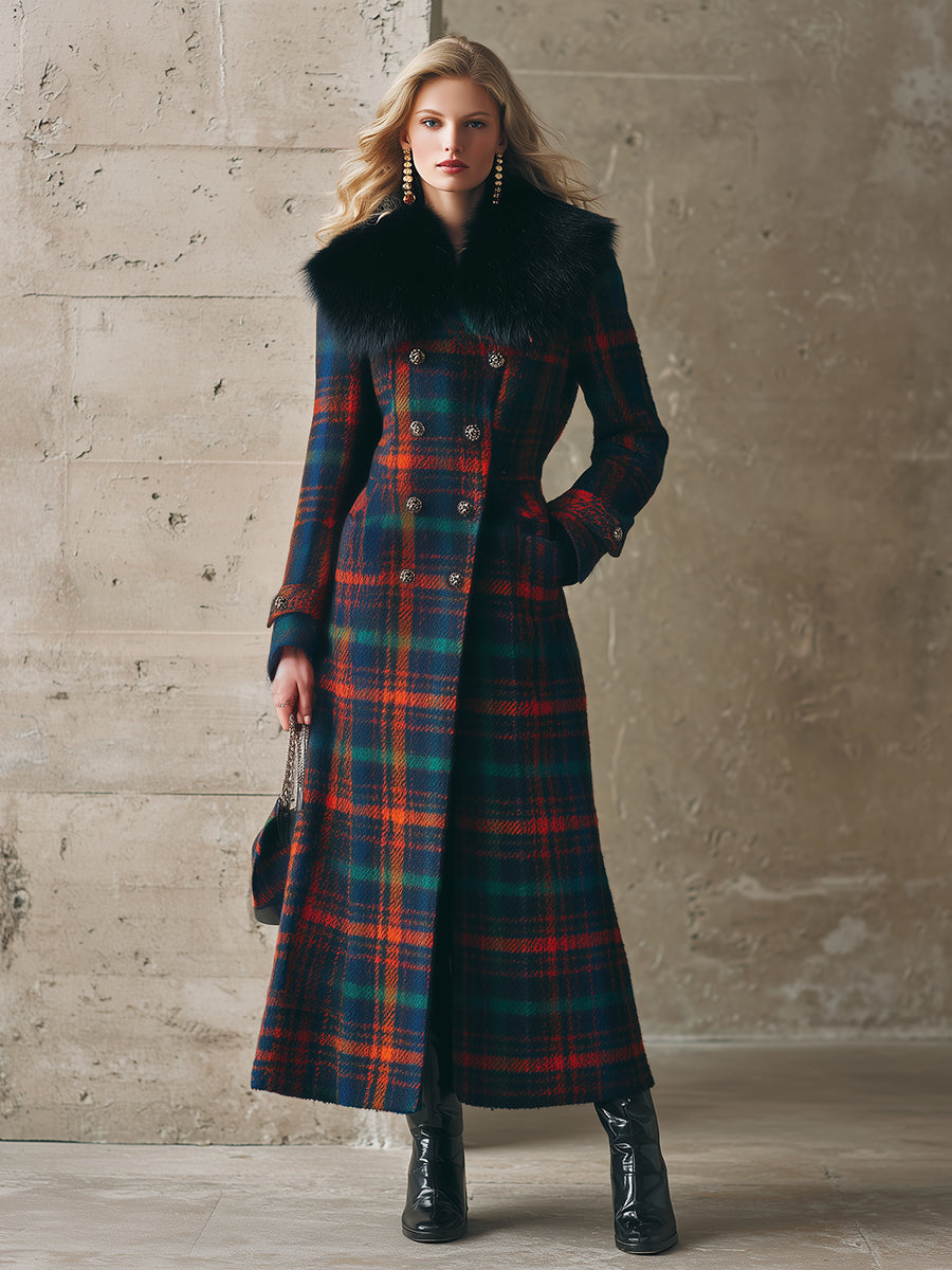 Longue Manteau en Laine à Carreaux avec Col en Fourrure Synthétique : Élégance Rétro et Chic