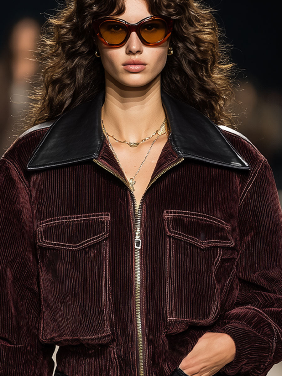 Veste zippée en velours côtelé avec col carré en cuir synthétique