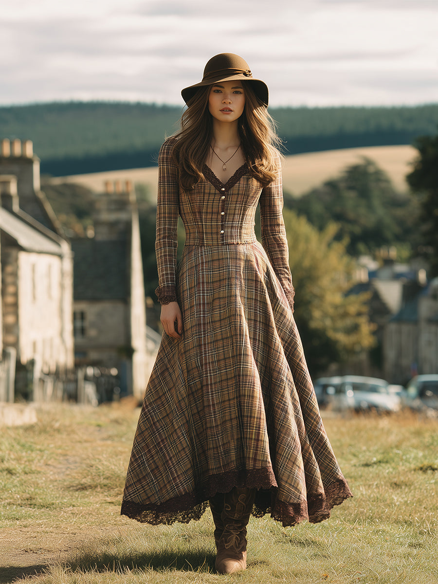 Robe Maxi V-Neck en Dentelle à Motif Carreaux Marron