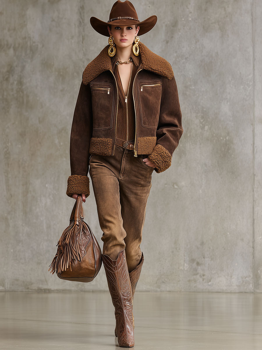 Veste Sherpa en Suède Synthétique avec Fermeture Éclair et Col Western