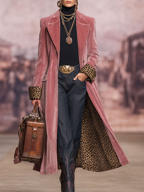 Veste en Velours à Imprimé Léopard avec Col Revers et Boutonnage Élégant