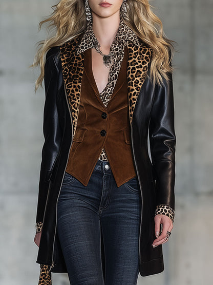 Veste en PU Noir avec Fermeture Éclair et Col en Velours Léopard Rétro