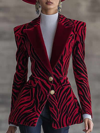 Veste en Velours Rouge à Imprimé Zèbre - Élégance Urbaine au Style Rétro