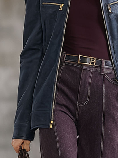 Veste Vintage en Simili Cuir Marine à Zip