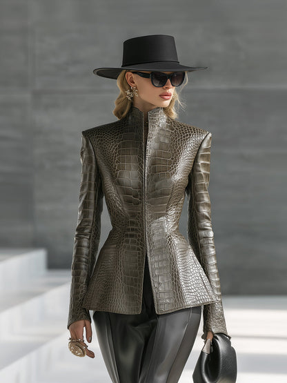 Veste en Similicuir Vert Crocodile à Col Montant Distressé - Élégance Haut de Gamme