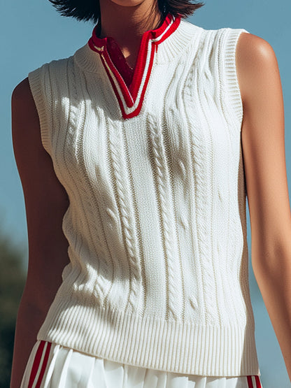 Ensemble Sportif Rétro : Jupe Plissée et Top Tricoté Sans Manches à Col Montant - Expédition Rapide en 24 Heures