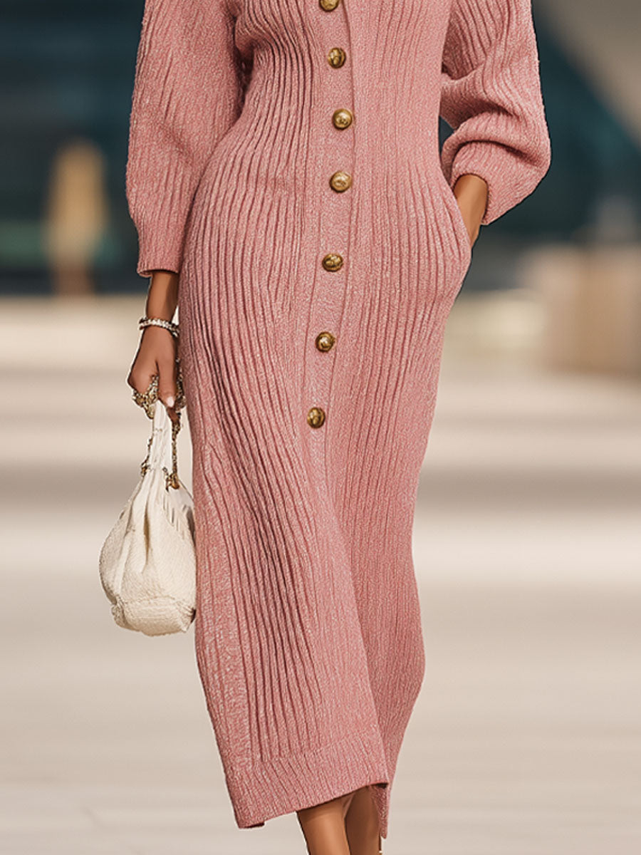 Robe Midi Tricotée avec Poches Doubles et Boutons Élégants