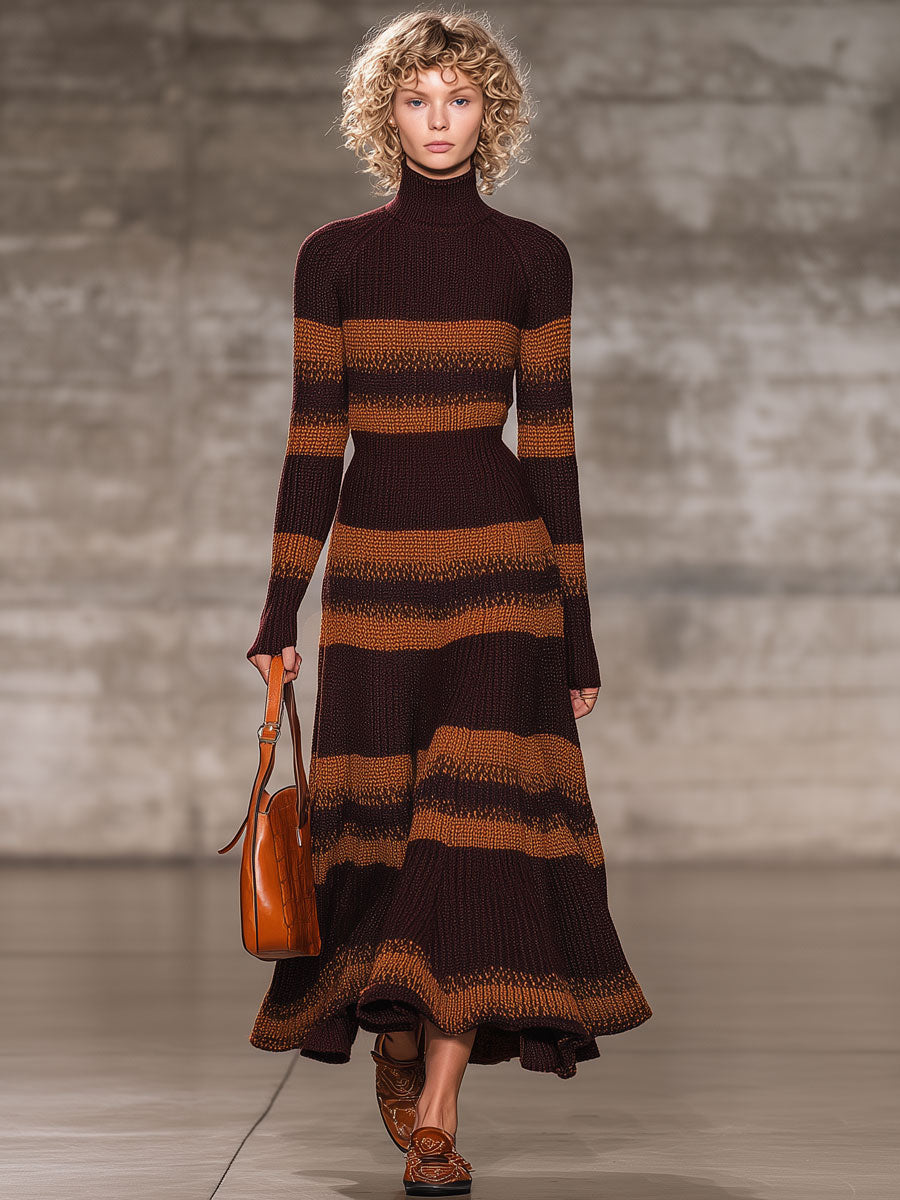 Robe Maxi Tricot Rayée Caramel et Chocolat avec Col Montant - Chic Rétro