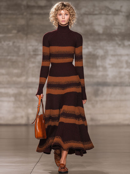 Robe Maxi Tricot Rayée Caramel et Chocolat avec Col Montant - Chic Rétro