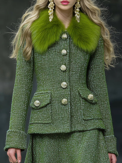 Ensemble Chic en Tweed : Jupe et Veste avec Col en Fausse Fourrure - Style Rétro