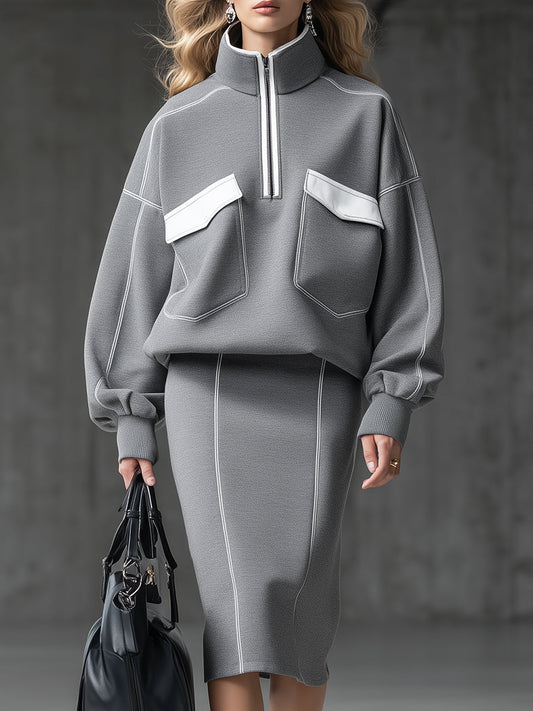 Ensemble Sportif Élégant à Demi-Zip en Blanc et Gris
